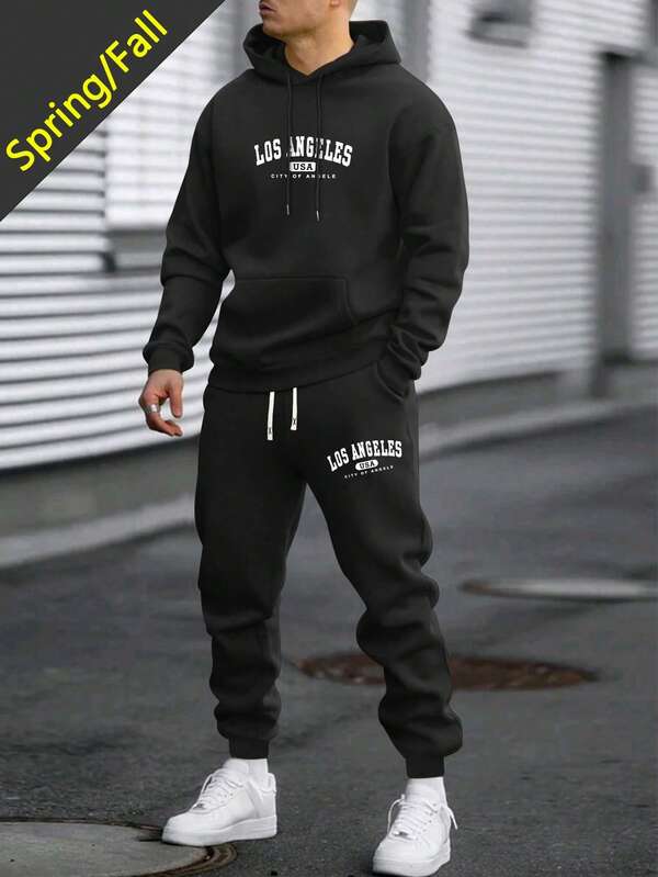 2pcs Men's Thin Hoodie And Drawstring Waist Pants Set, Casual Outfit With Pocket, Suitable For Spring/Autumn, Streetwear, Commuting, Outdoor Activities, Vacation, Great Gift For Husband Or Boyfriend