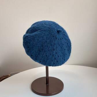 1顶女士纯色休闲针织贝雷帽，羊毛混纺，百搭，秋冬季，日式风格