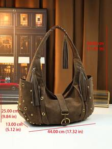 Borsa da viaggio alla moda e retrò con borchie e rivetti, borsa a tracolla a forma di raviolo, borsa da moto, borsa da pendolare di grande capacità - Castano - Visualizzare 12