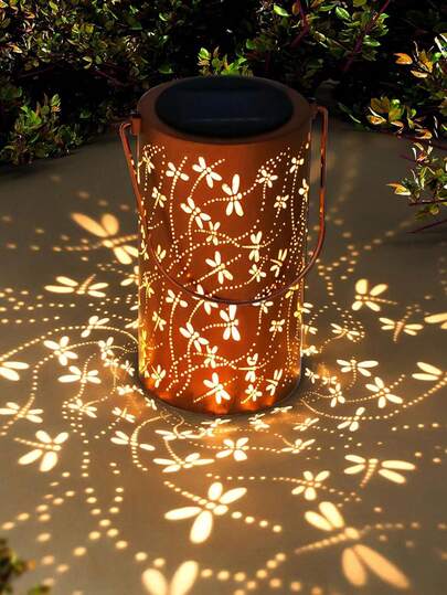 Solar-Powered Dragonfly LED Lantern -, Frosted Cast Iron Outdoor Hanging Light With Intricate Dragonfly Cut-Out Design For Garden, Patio, Pathway & Landscape Decoration