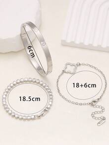 Ensemble de bracelets et de joncs avec fleurs et trèfles à quatre feuilles en zircone, bijoux de mode de luxe pour un port quotidien - Argent - Voir 3