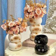 1 pieza Organizador de cerámica apilable con diseño de gato lindo - Multifuncional para brochas de maquillaje, bolígrafos o plantas pequeñas, diseños adorables en negro y beige para escritorio y tocador