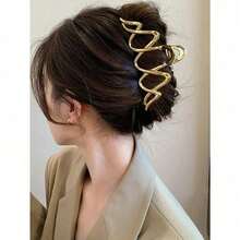 1pc Large Faux Pearl & Gold-Tone Curved Hair Clip/Wave Shape Metal Hair Claw/Hair Claw, Perfect For Daily Hairdo And Updos Women Hair Accessory Hair Clips Hair Jaw Clip Hair Clamps Hair Clutch Hair Catcher Clip, School Stuff, College - 金色 - 查看 1