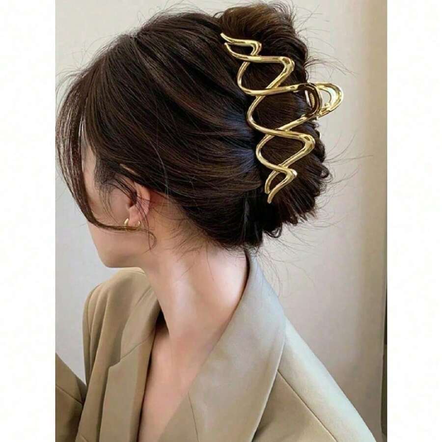 1pc Large Faux Pearl & Gold-Tone Curved Hair Clip/Wave Shape Metal Hair Claw/Hair Claw, Perfect For Daily Hairdo And Updos Women Hair Accessory Hair Clips Hair Jaw Clip Hair Clamps Hair Clutch Hair Catcher Clip, School Stuff, College - 金色 - 查看 1