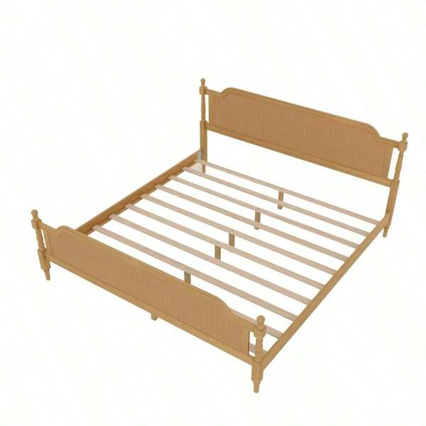 Traditional Style Rattan King Size Bed Frame No Box Spring Needed Antique Walnut
