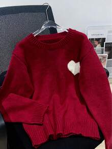 Áo len chui đầu cỡ lớn ấm áp với họa tiết trái tim, tay dài, vai rớt, cổ tròn dành cho nữ, thích hợp cho nhiều dịp như tiệc năm mới và ngày Valentine. - Màu Đỏ Sâu - Xem 4