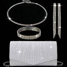 女士钻石首饰 闪耀奢华水钻首饰套装 闪耀项链 耳环 手链套装 闪粉皱纹手提宴会包 V型翻盖信封包 手提包 宴会包 钱包手提包 优雅手提宴会包 手提包 女士舞会手提包 女士新娘宴会包 舞会手提包 金属链条手提包 婚礼派对手提包 酒会婚礼 新款钱包宴会包