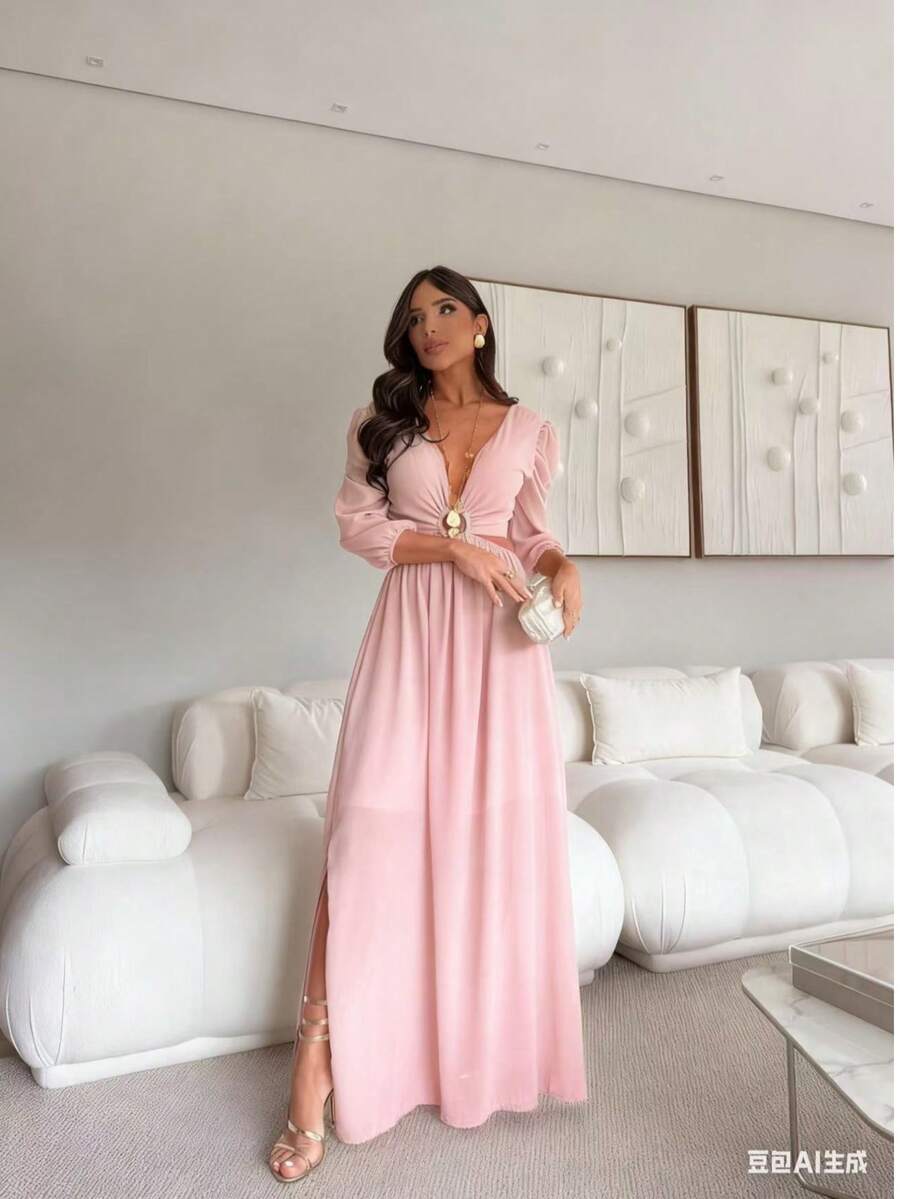Women's Chiffon Dress With A V-Neck, Lining, Rings, And Cords At The Back. - 淺粉色 - 查看 1
