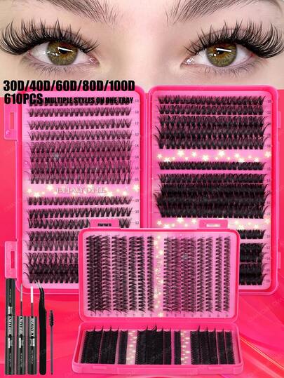 620/610/574pcs Individual Lash Clusters, 10D-100D Large Capacity Eyelash Book, 10-16mm D-Curl False Eyelashes,Natural Look And Enlarged Double Eyes, Fake Eyelashes With Tools, Protable To Take To Travel And Also Suitable For Christmas And Party
