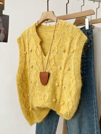 Korean Style Soft Fleece Sleeveless Women Vest, Autumn Knitted Sweater With 3D Fuzzy Ball & Cable Knit, Cropped Soft Ribbed Cardigan