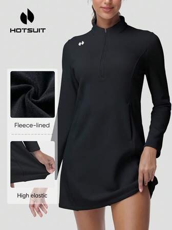 HOTSUIT Vestido de mujer de lana ligera y suave - Sudadera con cremallera de cuarto de vuelta con bolsillo canguro, elástica en 4 direcciones, cómoda para golf al aire activewear de primavera, regalo de San Valentín