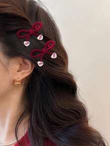 2pcs Women's Solid Color Autumn/Winter Alloy Metal Flocked Bow Crystal Pearl Alligator Hair Clips, Elegant Sweet Versatile For School, Party, Dance, Daily Wear, Hair Claws, Hair Slide, Hair Barrettes