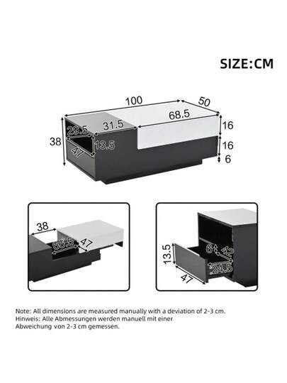 100*50*38cm Hochglanz Kaffeetisch,Wohnzimmertisch Mit Schublade,Beistelltisch Schiebeplatte,Geometrischer Tisch,Couchtisch Schwarz Weißem Näh ,Großer Stauraum view 2