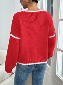 Women's Fashion Romantic Chunky Knit Contrast Trim Long Sleeve Pullover Sweater, Suitable For Dates In Winter