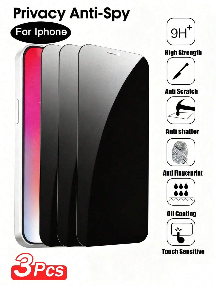 XINHONGYU 3pcs 9H Hardness Privacy Screen Protector, Compatible With Apple X/Xs/Xs Max, 11/11 Pro/11 Pro Max, 12 Mini/12/12 Pro/12 Pro Max, 13/13 Mini/13 Pro/13 Pro Max, 14/14 Plus/14 Pro/14 Pro Max, 15/15 Plus/15 Pro/15 Pro Max, 16/16 Plus/16 Pro/16 Pro Max - 3PCS - View 1