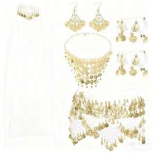 女士肚皮舞服装套装，包括肚皮舞臀巾、裹身配饰、硬币吊坠项链、耳环、手镯和万圣节肚皮舞服装 - 彩色 - 查看 15