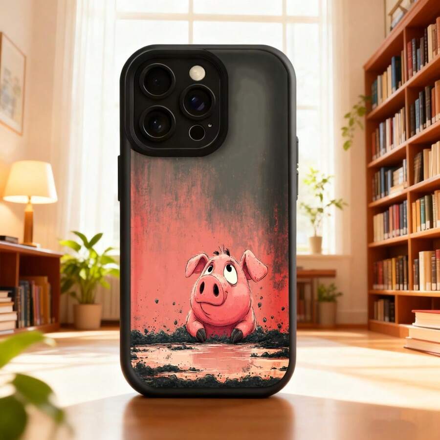 Cubierta de telefono con diseño de cerdo rosa en lodo color rojo oscuro para uso diario en interiores y exteriores Aplicable a teléfonos Apple y Galaxy. - Negro - Ver 1