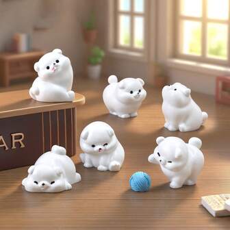 6pcs Mischievous Little White Dog Figurines, DIY Decoration Accessories, Micro Landscape Desktop Ornaments, Car Interior Decor, Home Decor Accessories, Micro Landscape Succulent Decoration Accessories, Dollhouse DIY Decorations