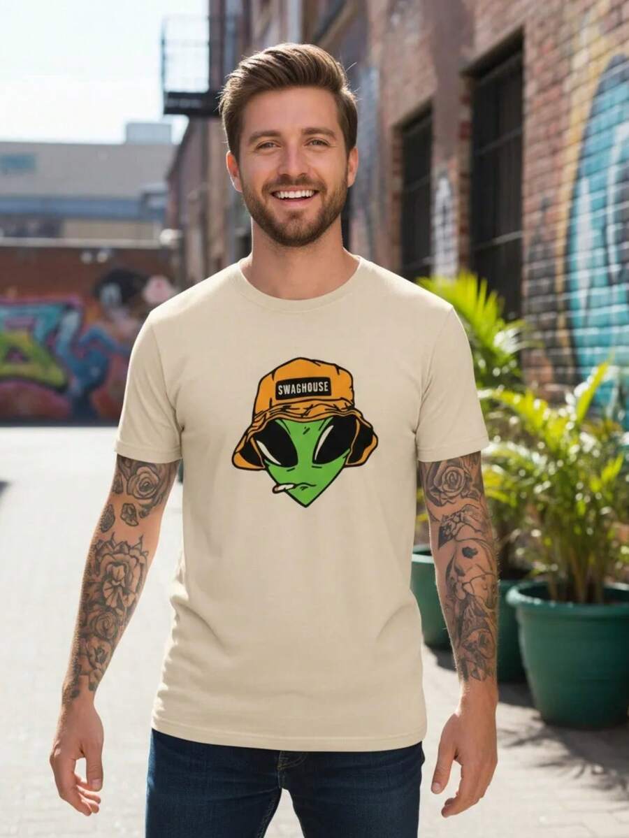 Camiseta Unissex  Estilo Streetwar Estampada Alien Chapeu Swaghouse Street style Camisa  Estilosa Masculina e Feminina - 100% Algodão Promoção Frete Grátis Rápido - Creme - Visão 1