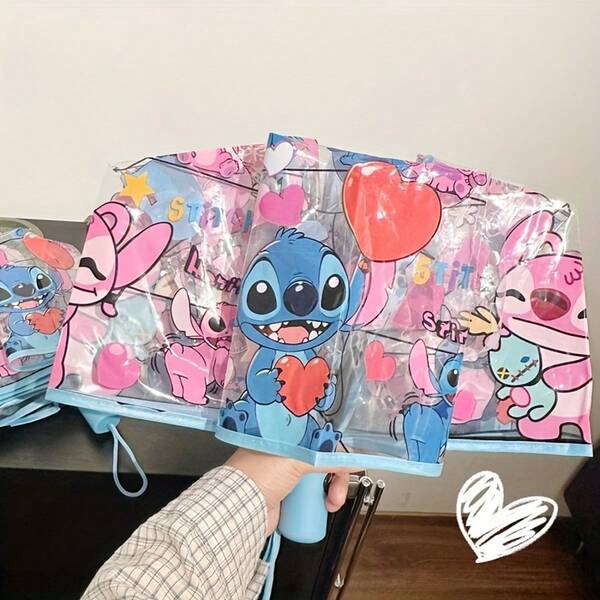 مظلة شفافة قابلة للطي ستيتش ديزني - ذات 8 أضلاع من الحديد الصلب، مصنوعة من مادة البي في سي، يدوي، لاستخدام المطر والشمس، محمولة للاستخدام اليومي وهدايا عيد الميلاد/عيد الحب