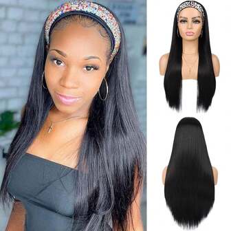 女士黑色直发假发，无需胶水，耐热，自然逼真，适合日常和派对佩戴