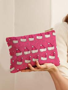 Bolsa de maquillaje multifuncional con estampado de elementos navideños impreso por ambos lados - Bolsa de almacenamiento con cremallera para artículos de tocador portátiles, adecuada para niñas, damas, cosméticos y artículos de viaje esenciales