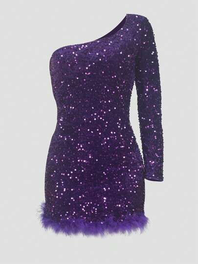 Elegante mini abito aderente da donna con paillettes, decorazione in finta piuma su una spalla, manica lunga, abito da festa formale, adatto Ognissantiween, Natale e Capodanno