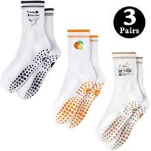 Embroidered Fruit, Coffee Cup Pattern Contrast Color Fashion Yoga Socks, Suitable For Indoor Sports Wear