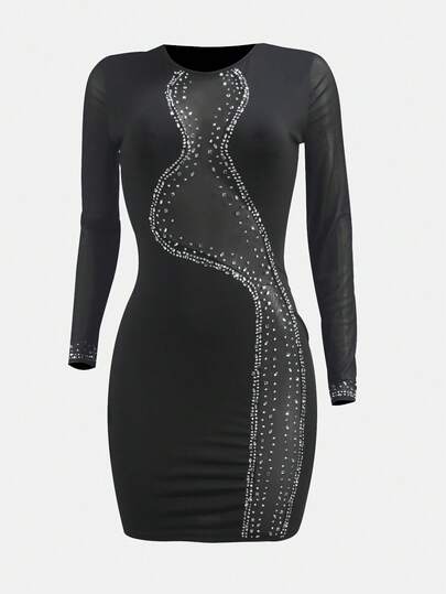 Elegante abito da cocktail corto e glamour per donna, con maniche lunghe in rete impreziosite da strass e collo rotondo. Abiti da donna per l'autunno, abiti invernali, abiti natalizi, abiti per Capodanno, abiti eleganti per feste, abiti da laurea per donne, abiti da ballo formali per donne, abito corto aderente a maniche lunghe e collo rotondo