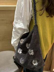 Túi Tote Đeo Hông Nữ Thiết Kế Cổ Điển Họa Tiết Hoa Hồng Đen Kim Sa Lấp Lánh Đa Năng Phong Cách Trung Hoa Dung Tích Lớn - màu đen - Xem 2
