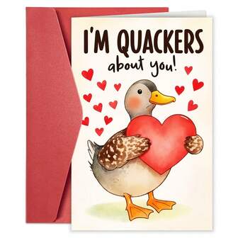 1pc I'm Quackers About You Duck Valentine's Card - Cute Love Note With Pink Heart & Duckling Design For, Friends, Coworkers - Adorable Romantic Gift For Valentine's Day, Christmas, New Year (Beige Duck Holding Red Heart)