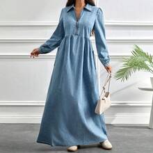Women's Turndown Collar Zip Half-Placket Long Sleeve Casual Denim Dress - Blue - View 6