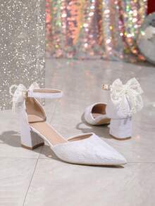New Fashion Women's Pointed Toe High Heel Shoes, Hollow Out Thick Heel White Pearl Bow Tie Casual Comfortable Pumps