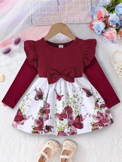 Infant & Baby Girl Knitted Floral Patchwork Ruffle Hem Long Sleeve Dress, Cute Butterfly Print Casual Swing Dress For Spring/Autumn/Winter, Newborn Baby Burgundy Celebration Dress, 0-1-2-3 Years, 6-9 Months, Suitable For Outdoor, Casual, Daily, Party