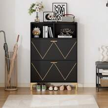 Moderner Paar-Tür-Schuhschrank, Foyer-Schrank-Speicher-Organisator-Schuhschrank, MDF-Schuhschrank, 3-Stufiger Schuhschrank White, Offene Untere Schublade, 75*35*110cm, Tragfähigkeit 20KG - Black + MDF - View 4