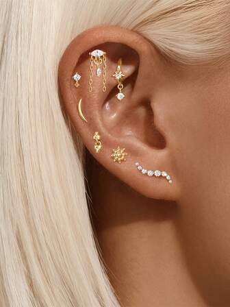 1件装925纯银镀金螺旋耳钉，女士/女孩款，镶嵌锆石，适合耳屏/鼻梁/耳廓/耳甲/唇部/唇钉等部位佩戴 - 耳廓耳屏软骨耳钉，男女皆宜