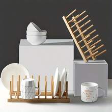 1pc Bamboo Wooden Plate Rack, Kitchen Storage Organizer For Dish, Plate, Bowl, Cup, Pot Lid And Cutting Board, Multifunctional Bamboo Drying Rack, Bookshelf, Home Kitchen Supplies - Multicolor - View 9