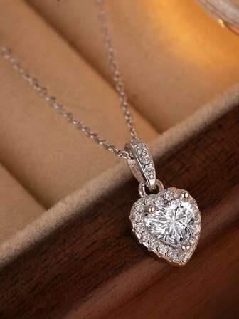 S925 Sterling Silver Cubic Zirconia Heart Pendant Necklace, Elegant Fashion Jewelry For Women, Engagement, Holiday, Anniversary Gift