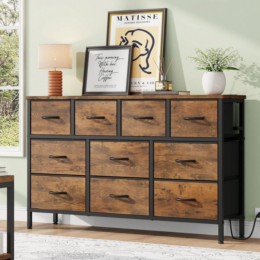 GIKPAL 10 Drawer Dresser For Bedroom, Dresser TV Stand With Power Outlets, Entertainment Center Chest Of Drawers For 55'' Long TV, Wide Fabric Dresser For Storage And Organization,  Tiger Stripe - 查看 1