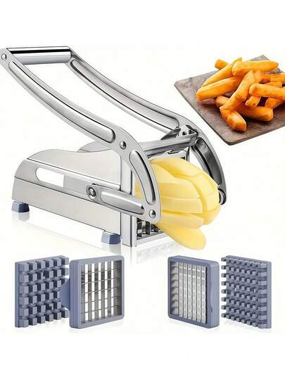 1pc Professional Stainless Steel Potato Slicer/French Fry Cutter, Size: 10.24in*3.15in, Suitable For Kitchen, Outdoor, Holiday, Party, Upgraded Thicker Anti-Slip Potato Slicer, Multi-Function Vegetable Cutter, Cucumber & Carrot Slicer With Suction Cup, Kitchen Tool. Accessories Available For Replacement