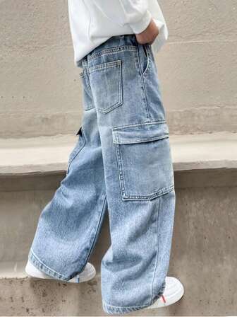 男童新款时尚浅蓝色直筒宽松休闲工装牛仔裤，百搭阔腿牛仔裤，适合大龄儿童