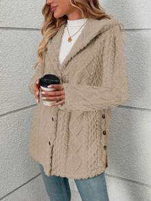 Long Solid Color Diamond Pattern Soft Fleece Front Button Cardigan, Everyday Wear, Autumn/Winter