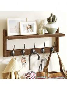 Wall Mounted Hook With Shelf - Wooden Entryway Storage Rack With 5 Double Hooks, Vintage Wall Hanging Coat Rack, Suitable For Bathroom, Living Room, Bedroom