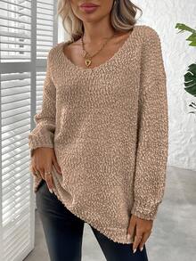 Plus Size Solid Color Crew Neck Casual Long Sleeve Knit Sweater - Khaki - View 4