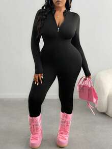 Plus Size Women's Skinny V-Neck Zip-Up Workout Jumpsuit, Casual Slim Yoga Romper Bodysuit Bodycon Sexy One Piece, Easy To Match Looks Slim, Flatter The Figure Fall, Plus Size Womens Jumpsuit. - 黑色 - 查看 9