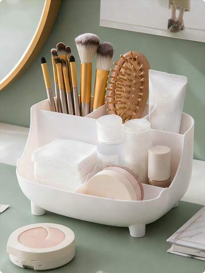 1 unidade. Esta caixa organizadora de mesa de grande capacidade, ideal para guardar artigos de papelaria, prateleiras, porta-canetas, produtos de cuidados com a pele e joias, é perfeita para armazenar pincéis de maquiagem, batons, esmaltes e outros itens de higiene pessoal.