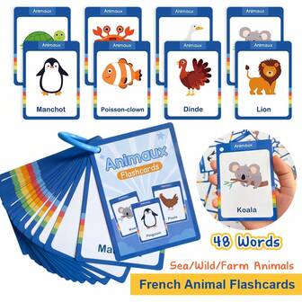 Lachilly 25cards French Learning Flashcards For Children 48 Words Animal Cognitive Cards Montessori Preschool Early Education Pocket Card
