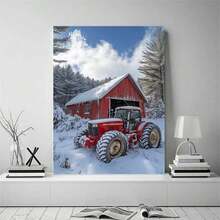 [2D Flat] 1Pc Framed Ready To Hang, Retro Christmas Decoration Canvas Wall Art, Red Tractor And Barn In Snowy Forest Winter Holiday Scene Posters Painting Pictures Wrapped Framed Print For Living Room, Office, Man Cave Christmas Home Decor, Rustic Style Wall Decor Artwork Suitable For Farmhouse Christmas Decoration - Đỏ - Xem 2