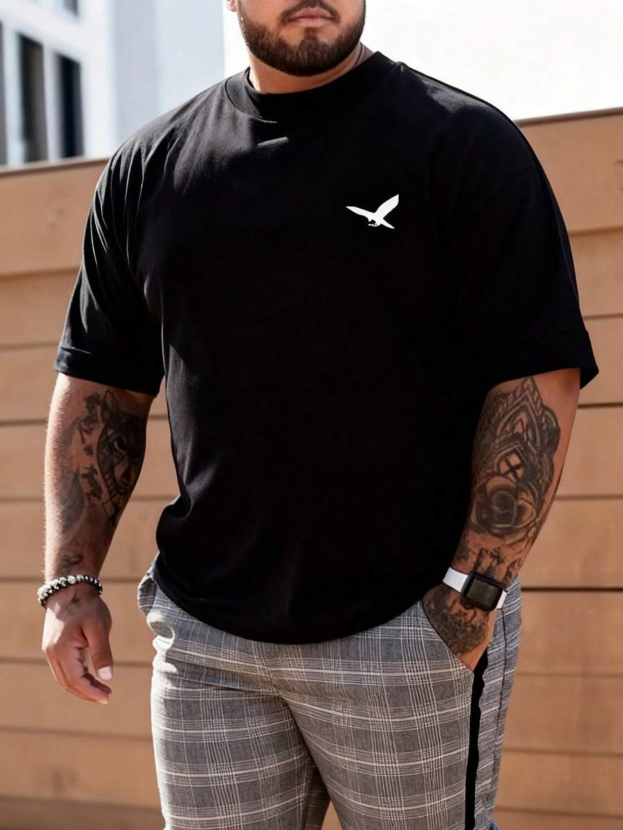 Men's Plus Size Summer Eagle Print Crew Neck Short Sleeve Casual T-Shirt - Black - View 1