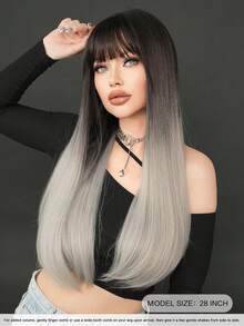 7JHH WIGS 28 Inch Long Straight Wigs For Women - Elegant Ombre Grey Wig Wig With Bangs, Dark Roots Natural Looking Fluffy Very Soft Synthetic Heat Resistant Fiber Full Machine Hair Wig For Girls Daily Wear, Festival Glam Party Special, Cosplay Anime Use Mother's Day Gifts - Grey - View 5